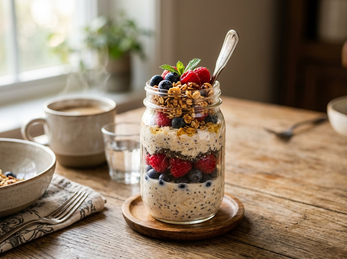 Overnight Oats mit frischen Beeren im Glas