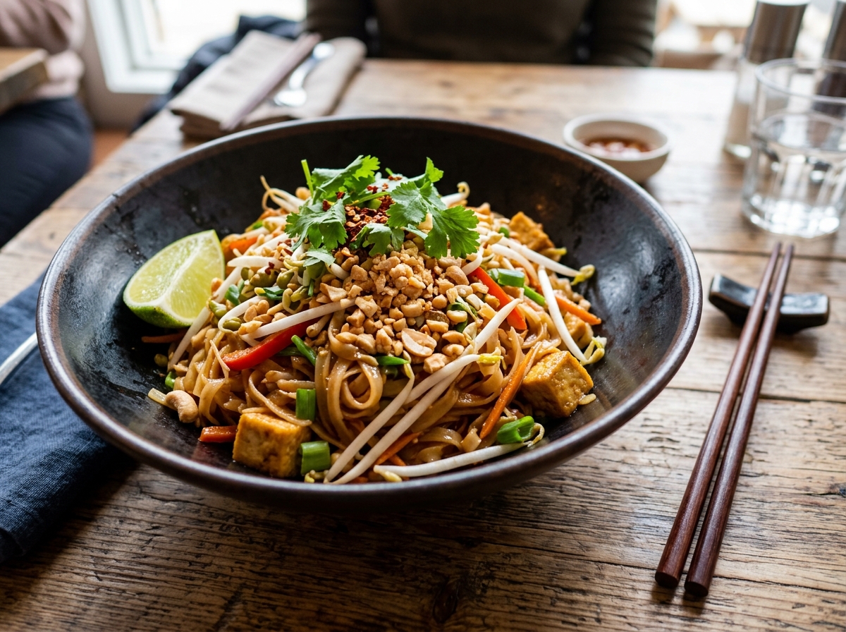 Veganes Pad Thai mit Reisnudeln, Tofu und Erdnüssen in dunkler Schüssel