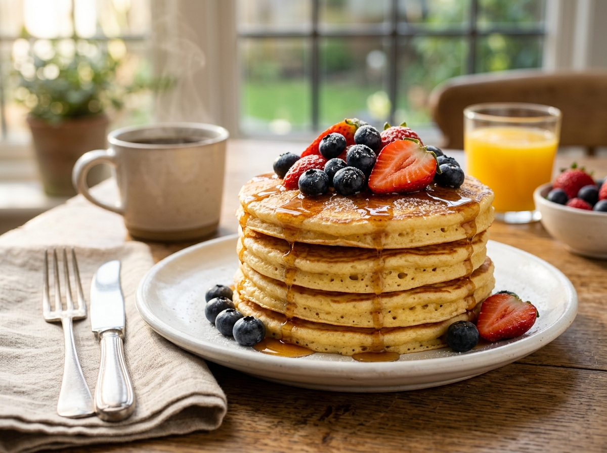 Gestapelte vegane Pancakes mit Ahornsirup und Beeren