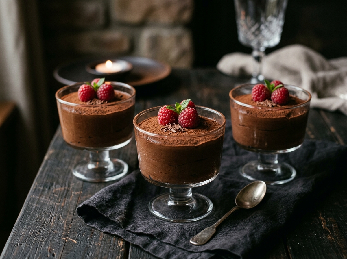 Vegane Schokoladenmousse in eleganten Glasschälchen mit Himbeeren