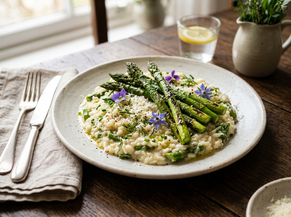 Cremiges Spargelrisotto mit gegrillten Spargelspitzen auf hellem Teller